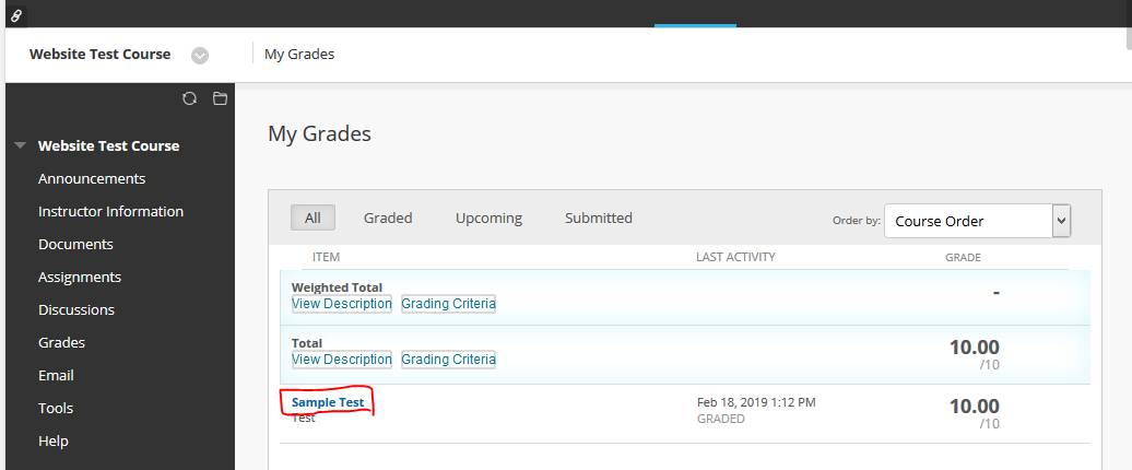 The "My Grades" screen with the test called "Sample Test" highlighted. Click on Sample Test